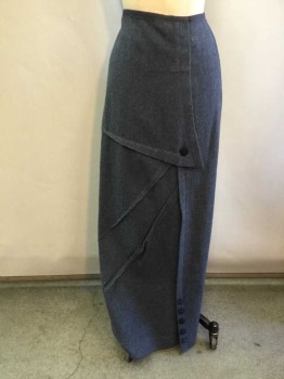 N/L, Slate Blue, Wool, Solid, Hidden Hook & Eye Closures Under Vertical Pleat At Center Front Waist, Branches Into Diagonal Decorative Pleats with Navy Fabric Covered Button Accents, 1/2" Wide Faille Waistband, Floor Length Hem, Made To Order