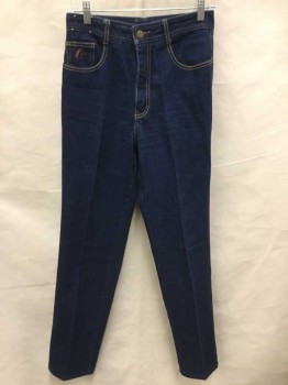 JORDACHE, Indigo Blue, Cotton, Solid, With Tan Top-stitching, High Waisted, Straight Leg, Horse Head Embroidered On Pockets, Zip Fly, 5 Pocket,