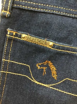 JORDACHE, Indigo Blue, Cotton, Solid, With Tan Top-stitching, High Waisted, Straight Leg, Horse Head Embroidered On Pockets, Zip Fly, 5 Pocket,