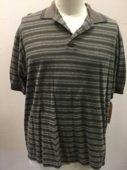 Mens, Polo Shirt, ARROW, Brown, Gray, Black, Cotton, Heathered, Stripes - Horizontal , XL, 3 Buttons,  Short Sleeves,  Alternating Group Stripes, Contrast Knit Collar/ Cuffs,