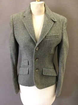 Womens, Blazer, POLO RALPH LAUREN, Mint Green, Brown, Olive Green, Wool, Herringbone, 2, Single Breasted, Tabbed Collar Attached,  Notched Lapel, 3 Buttons,  4 Pockets