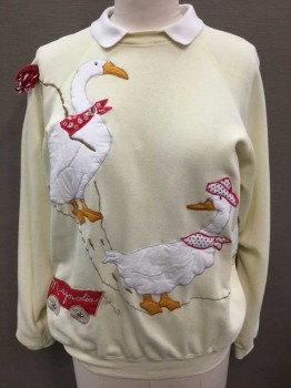Womens, Sweatshirt, HANES, Lt Yellow, White, Red, Mustard Yellow, Brown, Cotton, Acrylic, Novelty Pattern, XL, Lt Yellow W/3 Large Geese Wearing Hats And Bandannas Quilted Appliques, Wagon With Silver Star Metal Studded Wheels, 3D Banana Fabric Detail, Pullover, Raglan Sleeve, White Ribbed Collar Attached,