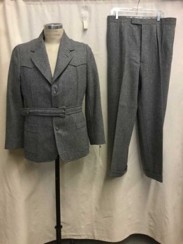 Mens, 1920s Vintage, Suit, Jacket, MTO, Heather Gray, Wool, Heathered, 34/29, 38 R, SB. Notched Lapel, Norfolk Style with A Western Yoke, 3 Button,  2 Inverted Box Pleat Patch Pockets, Attached Self Belt With Leather Buckle, MULTIPLE See FC015361