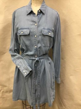 Womens, Dress, Long & 3/4 Sleeve, GAP, Lt Blue, Gray, Cotton, Heathered, MED, Heather Light Blue Chambray, Collar Attached, Button Front, 2 Pockets W/flap, Long Sleeves,