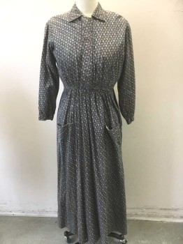 N/L, Navy Blue, Multi-color, Mustard Yellow, White, Pink, Cotton, Paisley/Swirls, L/S, C.A., Ecru Muslin Under Layer with Button Closures, Hidden Hook & Eye Closures on Outside Layer, 2 Patch Pockets at Hips, Floor Length Hem, **Sun/Light Fading at Shoulders,