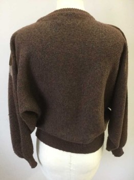 Womens, Sweater, ROCHELLE, Brown, Taupe, Acrylic, Leather, Zig-Zag , Solid, M, Zig-zag Leather Applique As Yoke, Crew Neck, Long Sleeves,