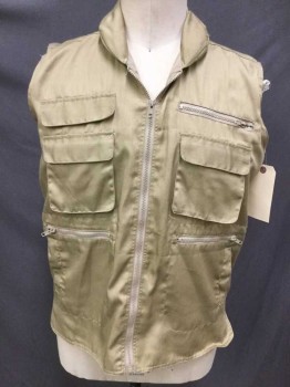 Mens, Wilderness Vest, OUTDOOR, Khaki Brown, Polyester, Solid, S, Zip Front, Lots of Pockets--Zip, Flap, Cargo Plus One Large Pocket on Back, Hood Stows Away in Zip Collar