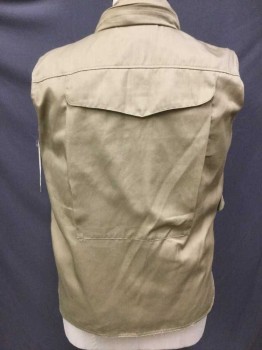 Mens, Wilderness Vest, OUTDOOR, Khaki Brown, Polyester, Solid, S, Zip Front, Lots of Pockets--Zip, Flap, Cargo Plus One Large Pocket on Back, Hood Stows Away in Zip Collar