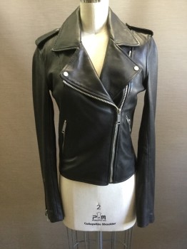 LTH JKT, Black, Leather, Solid, Motorcycle Leather Jacket, Zip Front, C.A., 2 Zip Pockets, Epaulets, Zip Sleeve Hem