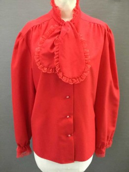RHAPSODY, Red, Polyester, Solid, Long Sleeve Button Front, Self Tie Pussy Bow At Neck, Red Lace Trim At Neck/Bow & Cuffs,
