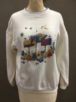 Womens, Sweatshirt, BASIC EDITIONS, Off White, Multi-color, Novelty Pattern, S, Off White W/Cornflower Blue Edge At Crew Neck, Squirrels/Mailbox/Flowers/Birds Graphic At Center Front, Long Sleeves, Pullover,