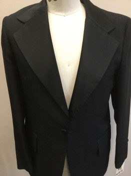 Mens, 1970s Vintage, Formal Jacket, AFTER SIX, Black, Wool, Solid, 39 S, Woven Texture Fabric with Polysatin Notched Lapel, Single Breast, 3 Pockets,