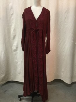 Womens, Dress, Long & 3/4 Sleeve, FREE PEOPLE, Red Burgundy, Rayon, Solid, L, Gauze, Drawstring Waist, V-neck, Floral and Dot Embroidery, Ankle Length