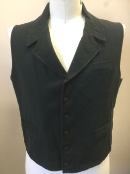 Mens, Historical Fiction Vest, MTO, Faded Black, Black, Wool, Solid, 42, Notched Lapel, 5 Self Fabric Covered Buttons, 3 Welt Pockets, Black Twill Lining and Back, Belted Back, Made To Order Victorian Reproduction,1800’s