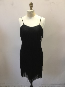 N/L, Black, Rayon, Synthetic, Solid, Flapper Dress. Black Rayon Tassle All Over. Rhine Stone Trim at Neck Front, Spag Straps