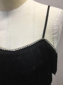 N/L, Black, Rayon, Synthetic, Solid, Flapper Dress. Black Rayon Tassle All Over. Rhine Stone Trim at Neck Front, Spag Straps