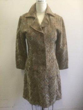 Womens, Coat, FLASHBACK, Beige, Gray, Brown, Viscose, Polyester, Paisley/Swirls, Leaves/Vines , L, Tapestry-like Material, Single Breasted, 3 Brown and Black Striped Buttons, Notched Collar, 2 Pockets, No Lining,