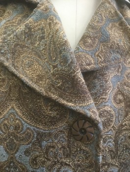 Womens, Coat, FLASHBACK, Beige, Gray, Brown, Viscose, Polyester, Paisley/Swirls, Leaves/Vines , L, Tapestry-like Material, Single Breasted, 3 Brown and Black Striped Buttons, Notched Collar, 2 Pockets, No Lining,