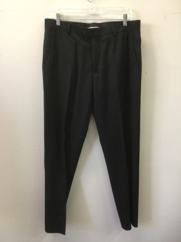 CALVIN KLEIN, Black, Wool, Solid, Flat Front, Button Tab