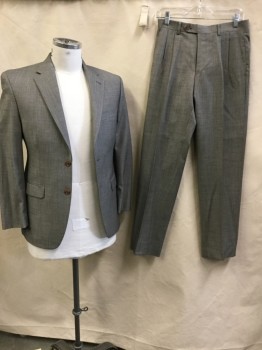 LAUREN-Ralph Lauren, Heather Gray, Wool, Heathered, Plaid, Jacket, Heather Gray with Self Faint Plaid Woven with Bullet Gray Lining, Notched Lapel, Single Breasted, 2 Button Front, 3 Pockets, 1 Split Back Center Hem, with Matching Pants
