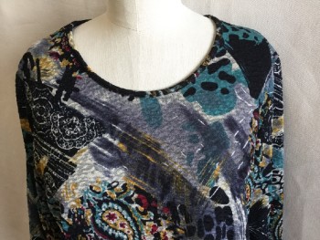 Womens, Top, TAN  JAY, Black, Multi-color, Polyester, Spandex, Paisley/Swirls, Abstract , M, Stretchy Textured Fabric, Pullover, 3/4 Sleeves, Scoop Neck