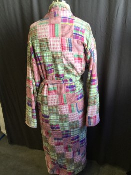 Womens, SPA Robe, NO LABEL, Red, Pink, Green, Blue, Off White, Cotton, Polyester, Color Blocking, O/S, Patch Work with Cream Terry Cloth Lining, Open Front, Long Sleeves, 2 Side Pockets with Self Matching Belt