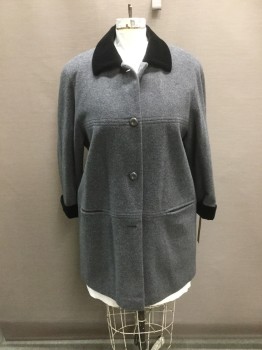 N/L, Gray, Black, Wool, Cashmere, Solid, Single Breasted, Black Velvet Collar and Cuffs, 2 Pockets,