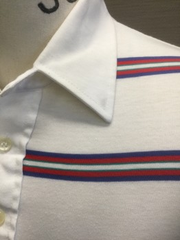 SPORTHOMSON, White, Red, Violet Purple, Teal Blue, Cotton, Polyester, Stripes - Horizontal , Red "Manchester Country Club" Embroidered on Sleeve, Solid White Collar Attached, 4 Button Front,