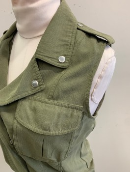 Womens, Vest, COFFEE SHOP, Olive Green, Polyester, Nylon, Solid, M, Snap Front, Notched Collar Attached, Epaulettes at Shoulders, 4 Pockets, Self Thick Drawstring Waist