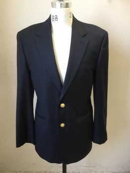 Mens, Sportcoat/Blazer, LAUREN, Navy Blue, Wool, Solid, 39R, Single Breasted, 2 Gold Buttons, Collar Attached, Notched Lapel, 3 Pockets