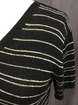 JONES NEW YORK, Black, Tan Brown, Polyester, Rayon, Stripes - Horizontal , Black Knit with Tan Horizontal Stripes, Solid Black Trim V-neck, Front Center & Short Sleeves Trim, Button Front,