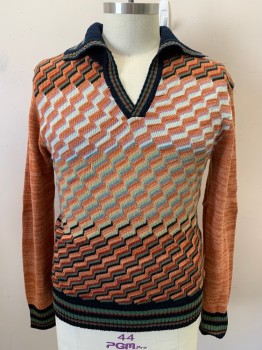 Mens, Sweater, COLLAGE MAN, Burnt Orange, Multi-color, Acrylic, Abstract , XL, Burnt Orange, Red/ Olive/ Black/ Purple/ Light Blue/ Gray/ Green/ Camel Abstract Print.
Black, Olive, Red Stripped Trim, V-neck, Open Collar Attached,
