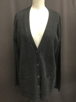 SAKS FIFTH AVE, Charcoal Gray, Cashmere, Solid, V-neck, Patch Pockets,