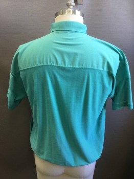 II SPORT, Teal Green, Poly/Cotton, Solid, Herringbone, Herringbone Knit with Woven Vertical Stripe Panels Front/Back Yoke, Ribbed Knit Collar Attached, Short Sleeves, Ribbed Knit Cuff/Waistband, 2 Side Slit Pockets