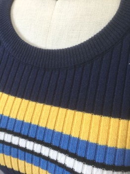 Womens, Top, URBAN OUTFITTERS, Navy Blue, Yellow, French Blue, White, Black, Cotton, Acrylic, Stripes - Horizontal , S, Navy with Yellow/French Blue/White/Black Horizontal Stripes Across Center of Bust, Rib Knit, Short Sleeves, Crop Top, Round Neck