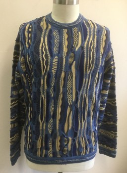 COOGI, Multi-color, French Blue, Royal Blue, Butter Yellow, Gray, Cotton, Abstract , Textured Knit, Pullover, Crew Neck, Long Sleeves, Authentic Coogi  Label "Cosby" Sweater,