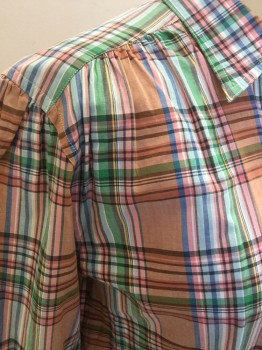 JOHN HENRY, Peach Orange, Kelly Green, Turquoise Blue, Faded Red, Cotton, Plaid, Button Front, Collar Attached, 1 Pocket, Long Sleeves, Gathers at Yoke and Shoulders