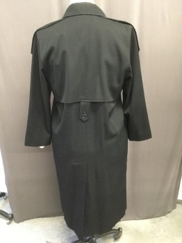 Womens, Coat, Trenchcoat, SARA ROBERST, Black, Wool, Solid, L, Top Button/inside Button, Notched Lapel, Flap Pocket, 3/4 Sleeves, Epaulet, No Belt