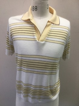 KINGS ROAD, White, Butter Yellow, Maroon Red, Acrylic, Stripes - Horizontal , Short Sleeves, Pullover, Knit,
