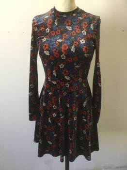 TOPSHOP, Charcoal Gray, Red, Dk Blue, Ecru, Green, Polyester, Elastane, Floral, Charcoal with Red/Dark Blue/Green/Ecru Flowers Pattern, Stretch Velvet, Long Sleeves, Mock Neck, Flared Above the Knee Skirt