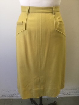Womens, Skirt, N/L, Sunflower Yellow, Wool, Solid, W:26, 1" Waistband, A-Line, Hem Mid-calf, Small Box Pleat at Center Front Hem, Belt Loops, 2 Small Welt Pockets at Sides, Angled Stitching at Hips, Made To Order Reproduction