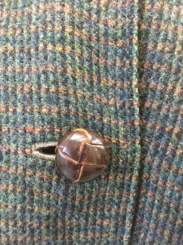 Womens, Coat, HARRIS TWEED, Dk Green, Brown, Dk Blue, Black, Wool, Tweed, L, Scratchy Wool, Raglan Sleeves, 4 Large Brown Knotted Leather Buttons, Collar Attached, 2 Pockets, Copper/Green Changeable Silk Lining, Below Knee Length, Vintage