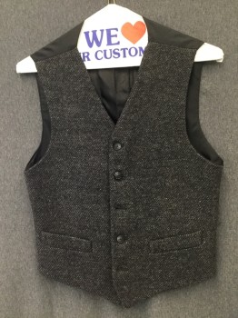TONY BONNICI, Charcoal Gray, Black, Wool, Rayon, Tweed, V. Neck with 5 Button Single Breasted, Adjustable Back Waist,