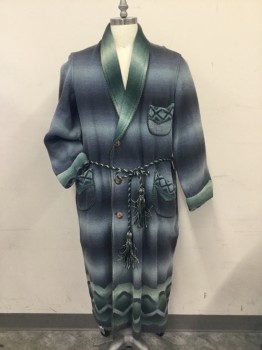 Mens, Robe, BEACON, Lt Blue, Green, Cotton, Native American/Southwestern , C:44, L, Heavy Flannel in South west Blanket Style with Dark Green & Crream Cordi, Trim And Matching Cord. Belt. 3 Patch Pockets. Sun Damage on Shoulders