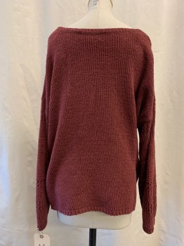 Womens, Pullover, KNOX ROSE, Brick Red, Polyester, Solid, M, Round Neck,  Perforated Sleeve Detail