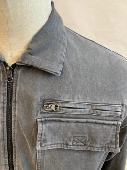 Mens, Casual Jacket, ZARA, Warm Gray, Cotton, Solid, Ch 44, Zip Front, Collar Attached, 4 Pockets, Snap Cuff