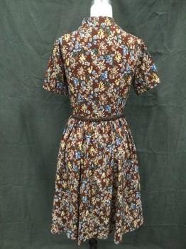 Womens, Dress, Short Sleeve, ACEVOG, Coffee Brown, Blue, Tan Brown, Green, Brown, Rayon, Spandex, Floral, S, Coffee Brown with Floral Pattern, Button Front Top, Rounded Collar Attached, Short Sleeves with Cuff, Side Zip, Gathered Skirt, Hem Below Knee, with Dark Brown Braided Belt, Doubles