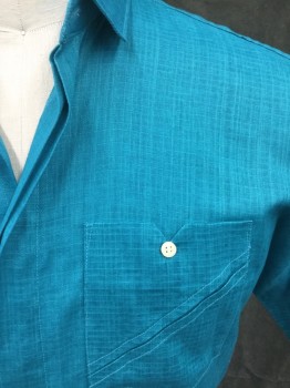 CIRCLE, Teal Blue, Linen, Grid , Self Grid, Button Front, Hidden Placket, Collar Attached, Short Sleeves, French Seam Right Side Shoulder to Hem, 1 Pocket with Diagonal French Seams