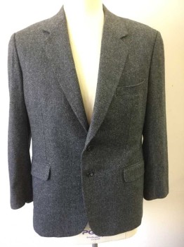 Mens, Sportcoat/Blazer, SERJ TAILOR, Gray, Black, Wool, Herringbone, Tweed, 46R, Single Breasted, Collar Attached, Notched Lapel, 2 Buttons,  3 Pockets