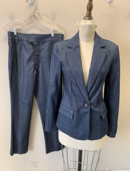 FRAME, Denim Blue, Cotton, Polyester, Solid, Blazer, Dark Denim, Single Breasted, Notched Lapel, 2 Pockets with Flaps, Partially Lined